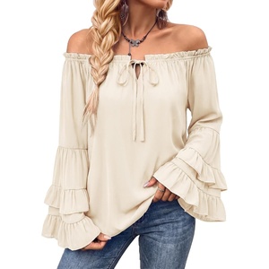 image:imageScarlet Darkness Women Renaissance Shirt Off Shoulder Pirate Tops  Ruffle Bell Sleeve Casual Loose Fit Medieval Pirate CostumeOyster White
