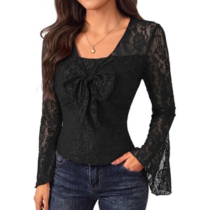 image:imageScarlet Darkness Womens Bell Sleeve Lace Tops Gothic Boho Y2K Mesh Shirt  Flowy Long Sleeve Blouses Fitted Sheer Shirt Fall Outfits for Going Out ClubBlack