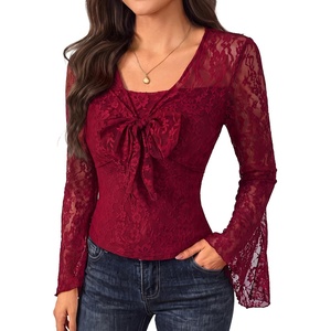 image:imageScarlet Darkness Womens Bell Sleeve Lace Tops Gothic Boho Y2K Mesh Shirt  Flowy Long Sleeve Blouses Fitted Sheer Shirt Fall Outfits for Going Out ClubDark Wine