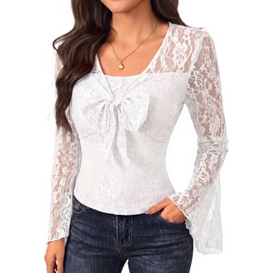 image:imageScarlet Darkness Womens Bell Sleeve Lace Tops Gothic Boho Y2K Mesh Shirt  Flowy Long Sleeve Blouses Fitted Sheer Shirt Fall Outfits for Going Out ClubIvory White