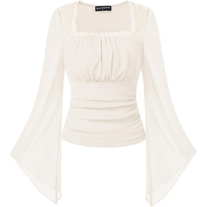 image:imageScarlet Darkness Womens Mesh Top 2026 Long Sleeve Renaissance Blouses  Sheer Bell Sleeves Peasant Tops Lace Square Neck Side Waist Ruched Slim Fit Dressy Casual Dating Party Daily OutfitsWhite