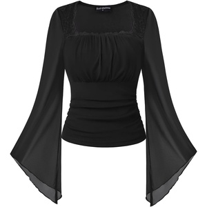 image:imageScarlet Darkness Womens Mesh Top 2026 Long Sleeve Renaissance Blouses  Sheer Bell Sleeves Peasant Tops Lace Square Neck Side Waist Ruched Slim Fit Dressy Casual Dating Party Daily OutfitsBlack