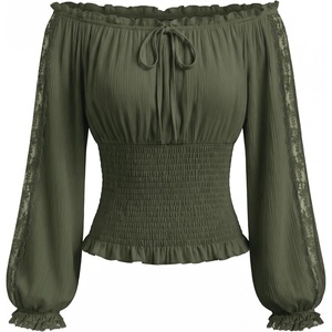 image:imageScarlet Darkness Womens Off Shoulder Tops Lace Long Sleeve Peasant Blouse  Lantern Sleeves Smocked Waist Renaissance Boho Cottagecore Dressy Casual Fall Tops Lightweight BreathableEden Green