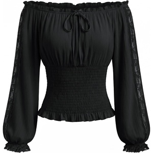 image:imageScarlet Darkness Womens Off Shoulder Tops Lace Long Sleeve Peasant Blouse  Lantern Sleeves Smocked Waist Renaissance Boho Cottagecore Dressy Casual Fall Tops Lightweight BreathableBlack