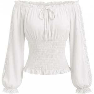image:imageScarlet Darkness Womens Off Shoulder Tops Lace Long Sleeve Peasant Blouse  Lantern Sleeves Smocked Waist Renaissance Boho Cottagecore Dressy Casual Fall Tops Lightweight BreathableIvory White