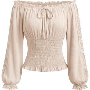 image:imageScarlet Darkness Womens Off Shoulder Tops Lace Long Sleeve Peasant Blouse  Lantern Sleeves Smocked Waist Renaissance Boho Cottagecore Dressy Casual Fall Tops Lightweight BreathableApricot
