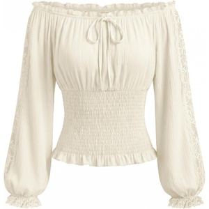 image:imageScarlet Darkness Womens Off Shoulder Tops Lace Long Sleeve Peasant Blouse  Lantern Sleeves Smocked Waist Renaissance Boho Cottagecore Dressy Casual Fall Tops Lightweight BreathableCream