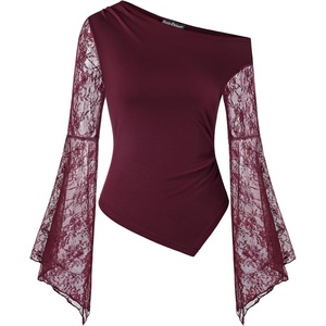 image:imageScarlet Darkness Womens Off The Shoulder Tops Lace Y2K Fall Going Out Tops  Sheer Lace Bell Sleeves Ruched Waist Dressy Casual Tops 2026Dark Wine
