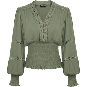 image:imageScarlet Darkness Renaissance Shirt Women Long Sleeve V Neck Peasant TopsBean Green