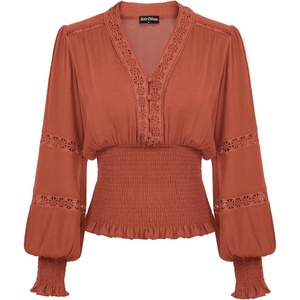 image:imageScarlet Darkness Renaissance Shirt Women Long Sleeve V Neck Peasant TopsBurnt Orange