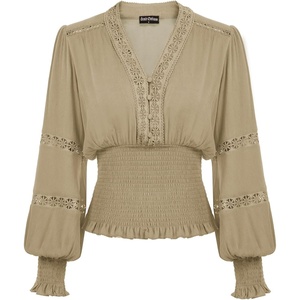 image:imageScarlet Darkness Renaissance Shirt Women Long Sleeve V Neck Peasant TopsKhaki