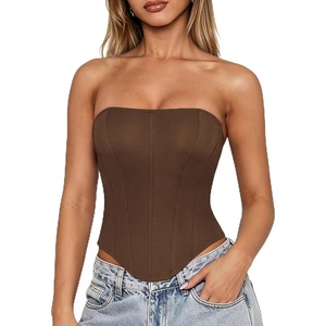 image:imageScarlet Darkness Womens Strapless Tube Corset Bustier LaceUp Crop TopsCoffee