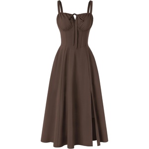 image:imageScarlet Darkness Women 2026 Corset Dress Milkmaid Slit Midi SundressBrown