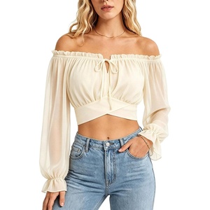 image:imageScarlet Darkness Women Off the Shoulder Crop Tops Long Sleeve Shirt BlouseApricot