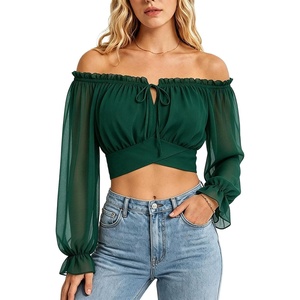 image:imageScarlet Darkness Women Off the Shoulder Crop Tops Long Sleeve Shirt BlouseVerdant Green