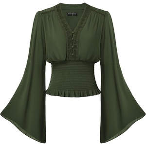 image:imageScarlet Darkness Women Renaissance Peasant Shirt Bell Sleeve Pirate TopDark Olive Green