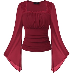 image:imageScarlet Darkness Womens Mesh Top 2026 Long Sleeve Renaissance BlousesWine
