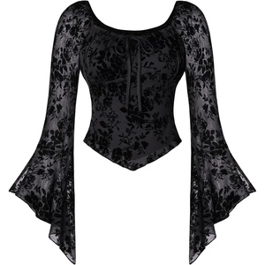 image:imageScarlet Darkness Women Bell Long Sleeve Lace Top Gothic Y2K Mesh ShirtBlack